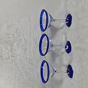 HAND BLOWN MEXICAN COCKTAIL GLASS SET OF 3 ~ COBALT BLUE RIM & BASE